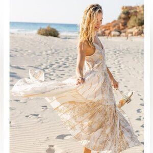 Miss June Paris breezy maxi sundress with gold print.
